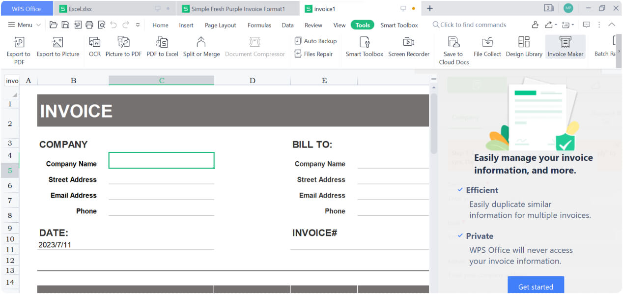 Инструмент создания счетов в WPS Spreadsheet