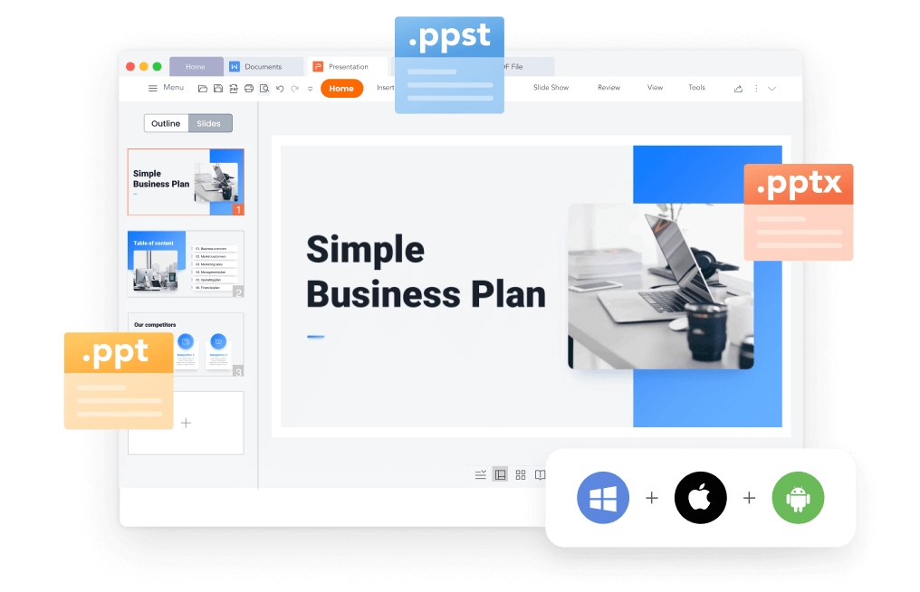 Инструмент WPS Presentation совместим с файлами PPT и PPTX